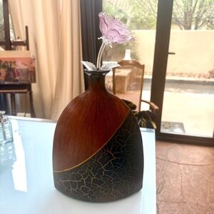 Handcrafted Wooden Vase Crackle Finish Decorative Bottle Mid Century Style 12"